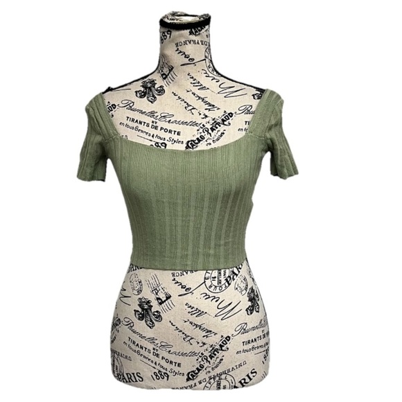 Princess Polly Green Ribbed Off-Shoulder Crop Top XS/S Boho Coastal Preppy - Picture 2 of 10